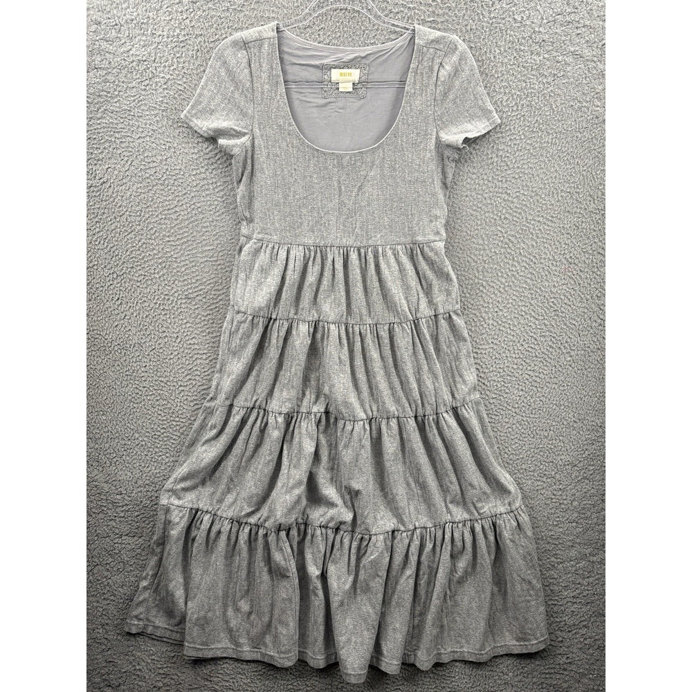 Maeve Dress Women Small Gray Tiered Maxi Scoop Neck Short Sleeve Pockets Stretch